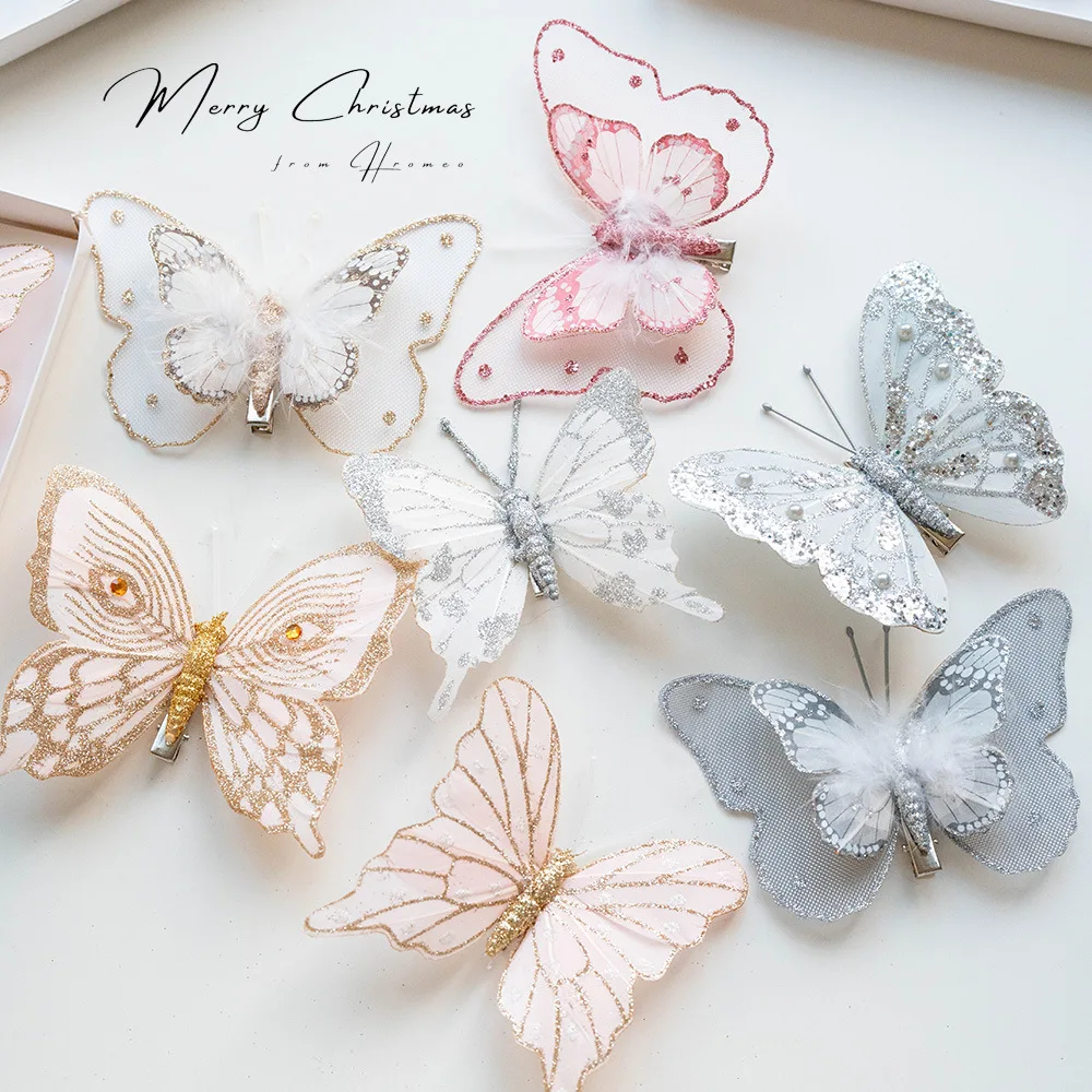 

6/12PCS/Set Christmas Glitter Butterfly Ornament With Clip Mesh Feather Simulated Butterfly Christmas Decor Xmas Tree Pendant