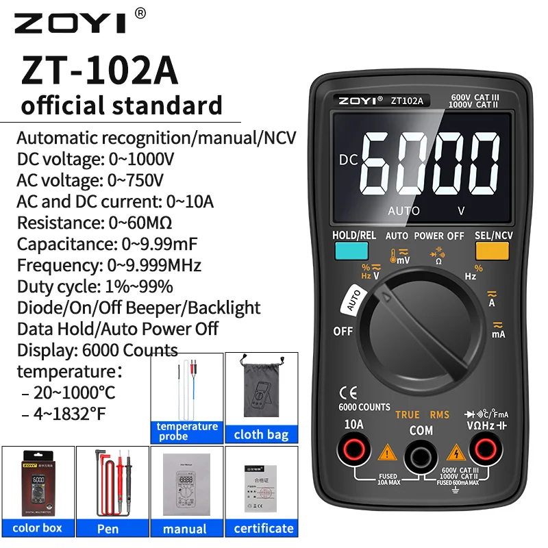 

ZOYI ZT102 102A Digital Multimeter 6000 Counts Electrical Meter Transistor Tester Auto Rang AC/DC Voltage Process Calibrator