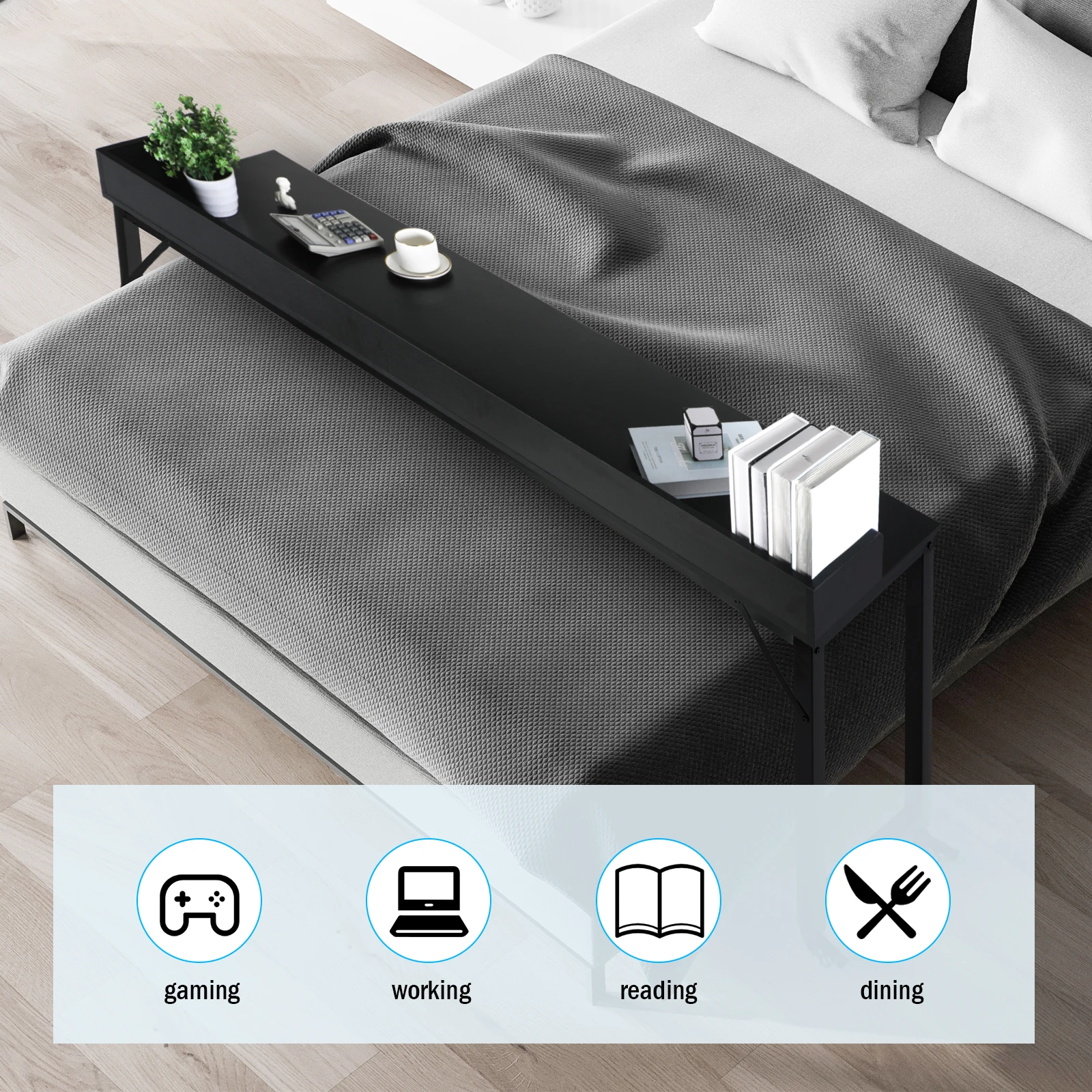 Homfa 70.8'' Overbed Table with Wheels for Full/Queen Size Bed Frame, Mobile Computer Desk Standing Workstation Laptop Cart