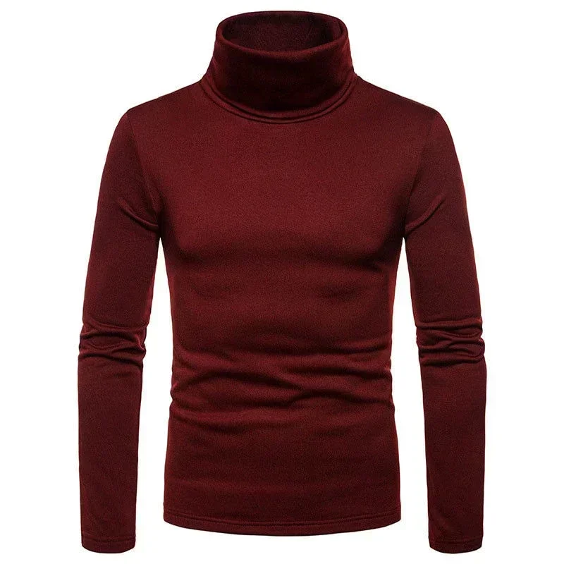 Moda masculina casual fino ajuste básico gola alta camisola de malha gola alta pulôver masculino gola dupla outono inverno topos