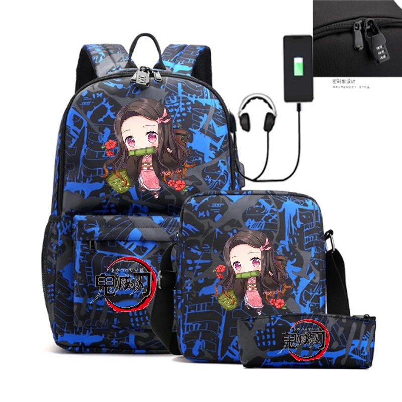 

3pcs Demon Slayer Nezuko Backpacks USB Girls Boys Capacity Backpack Women Shoulder Bag High School Schoolbag Black Mochilas