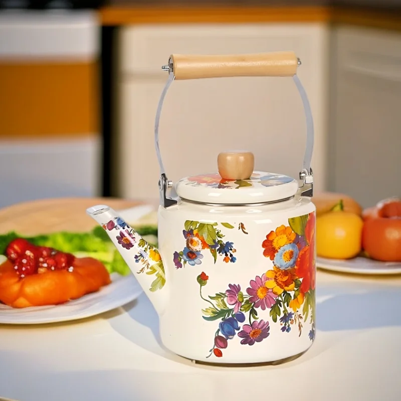 american retro enamel water kettle nostalgic flower pattern