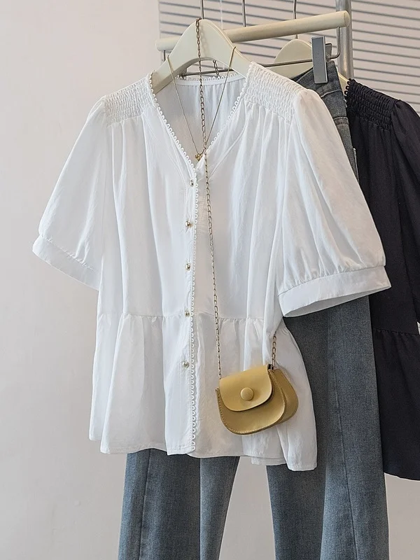 

Elegant Lace Trim V-Neck Short Sleeve Shirt Women's plus Size Doll Top Korean Style Commute Fashion Loose Fit Summer New Arrival