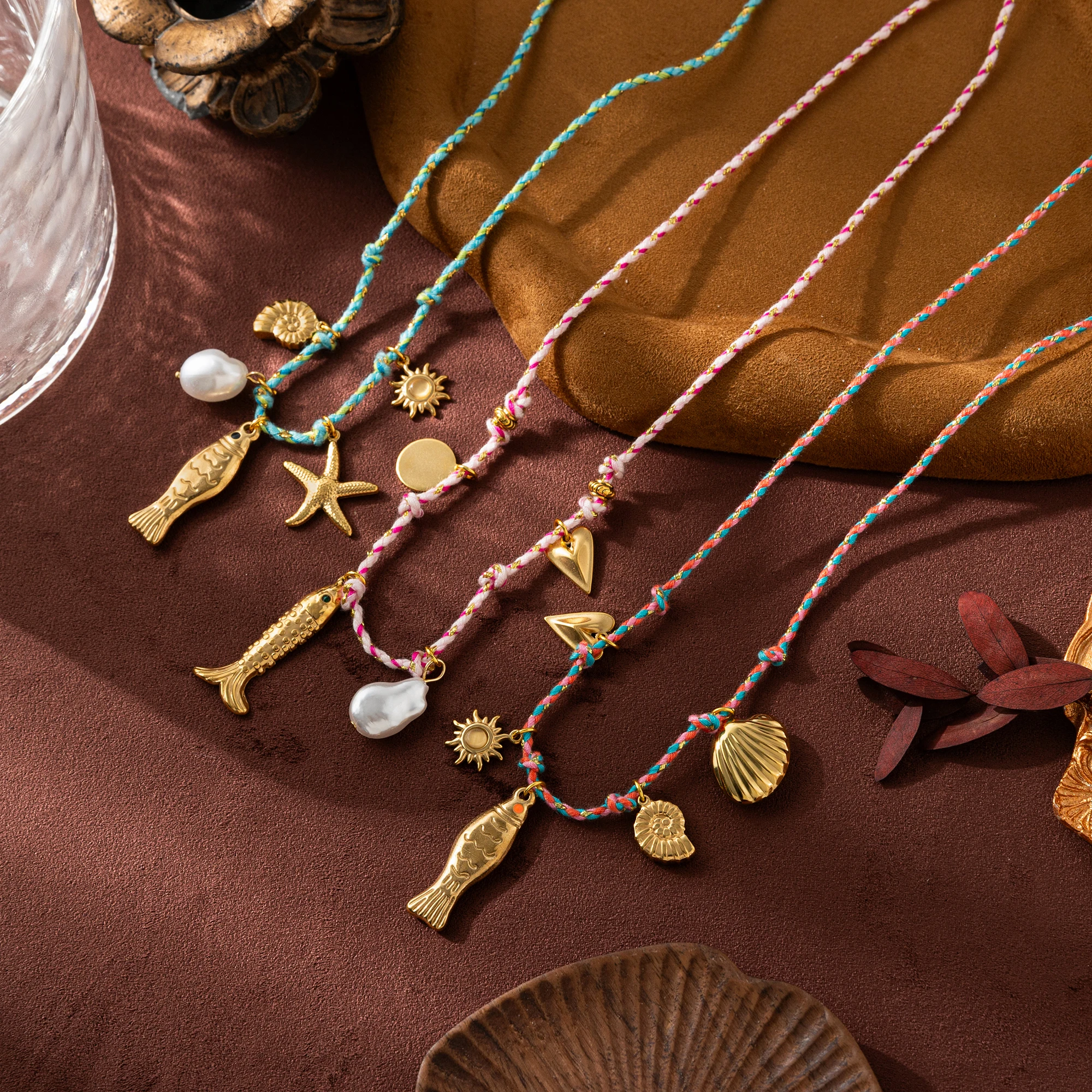 

Boho Colorful Rope Necklace 18K Gold Stainless Steel Fish Starfish Shell Pearl Pendant Beach Layered Jewelry for Women