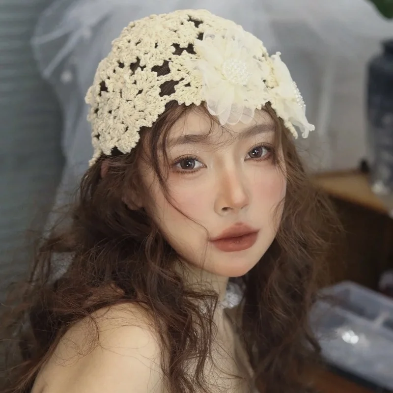 New Sweet Flower Hollow Head Cap Women's Spring Summer Handmade Weaving Hook Flower Headscarf Cap Resort Retro Knitted Hat