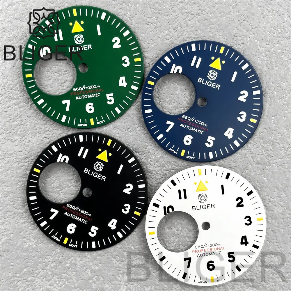 BLIGER 29mm Black/White/Blue/Green Hollow Out Sterile NH38 Pilot Style Watch Dial with Green Luminous Suitable for NH38 Movement