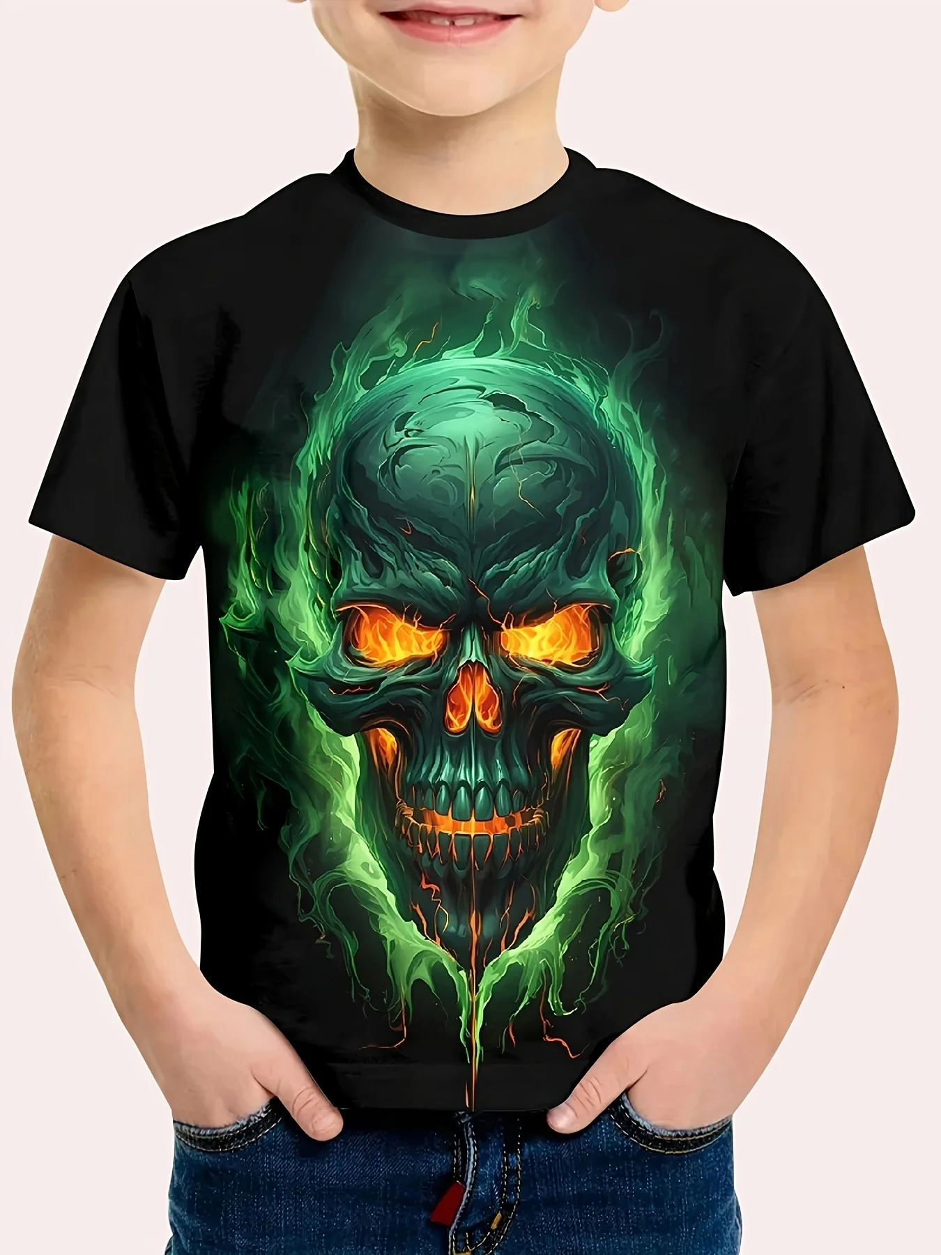 

Boys' Fashion Skull 3D Print T-Shirt Casual Short Sleeve Tops Green Flames & Orange Eyes Ghost of Terror Halloween Costume Tees