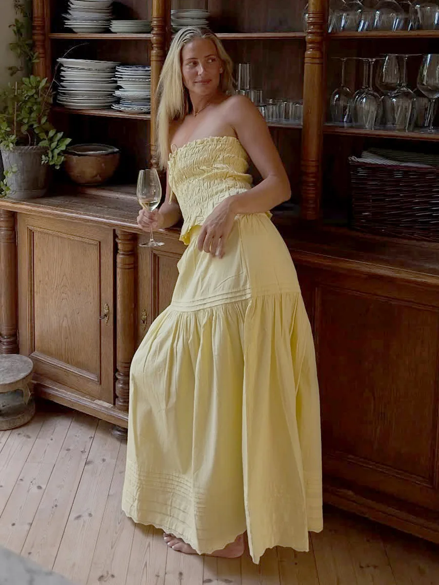 

Wolfeel Summer Women's Elegant Vacation 2-Piece Set Ruched Strapless Tube Top Ruffled Hem High-Waisted Flowy A Line Midi Skirt