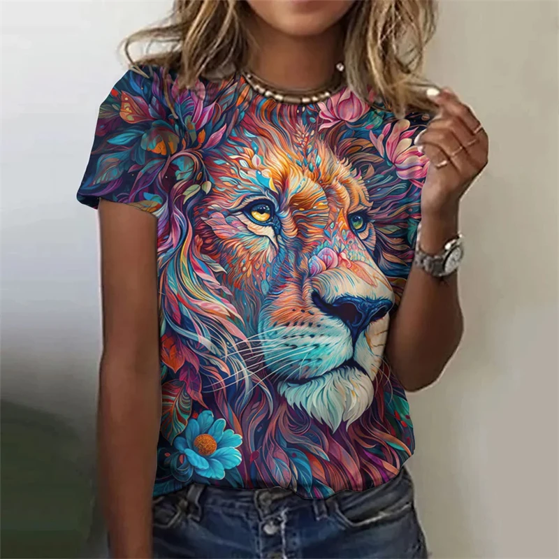 Vintage Animals Print Women\'s T Shirts Summer Fashion Short Sleeve Top Tiger Print Oversized Female Clothing Ladies Floral Tees