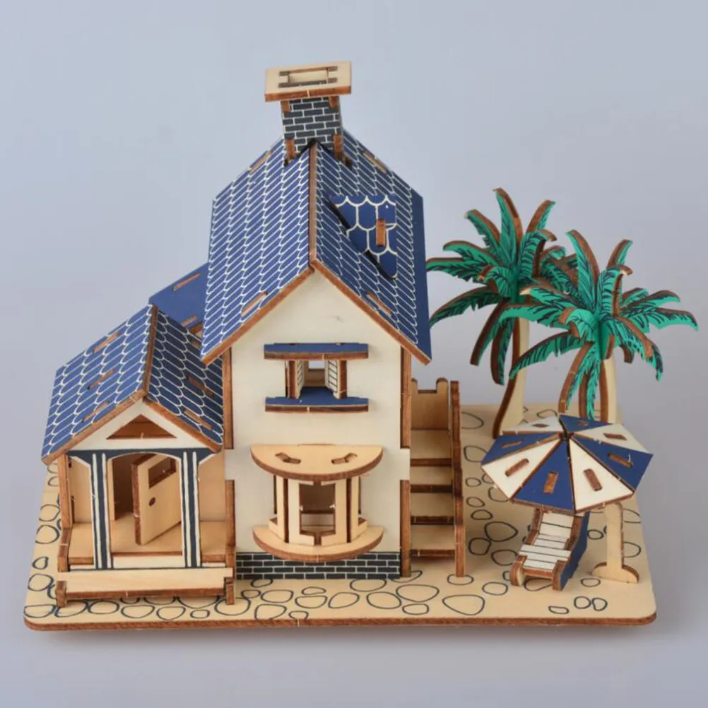 3D Wood Puzzle Beach House Shape Educational DIY Children Entertainment Wooden Puzzle for Room Decoration Creativity Development