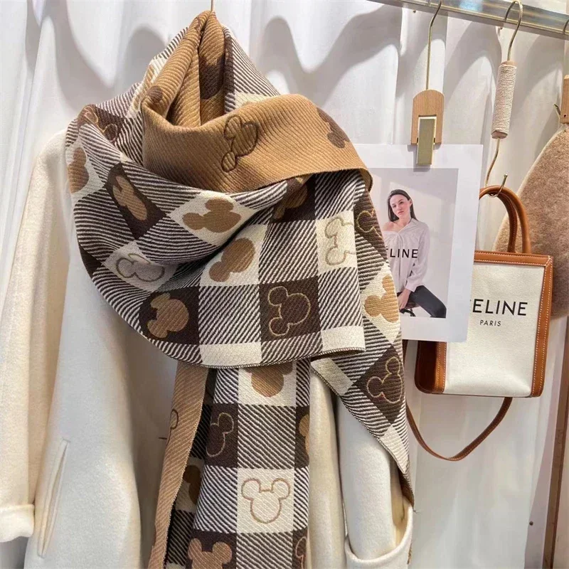 Fashion Mickey Love Checkerboard Girls Scarf with Tassel Autumn Winter Warm Casual Cashmere Soft Neck Scarves Birthday Gifts