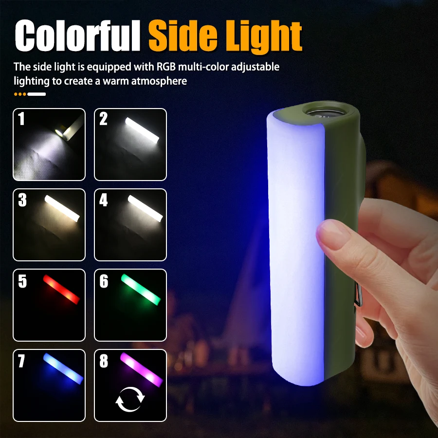 Rechargeable Handheld Flashlight RGB Color Camping Floodlight, 2 X 18650 Batteries, Outdoor Long-lasting Emergency Flashlight