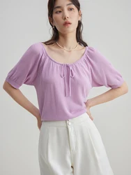 DUSHU Comfortable Simple Two-wear Linen Sweater Versatile Short T-shirt for Women 2024 Summer New Light Tops Female 24DS82026