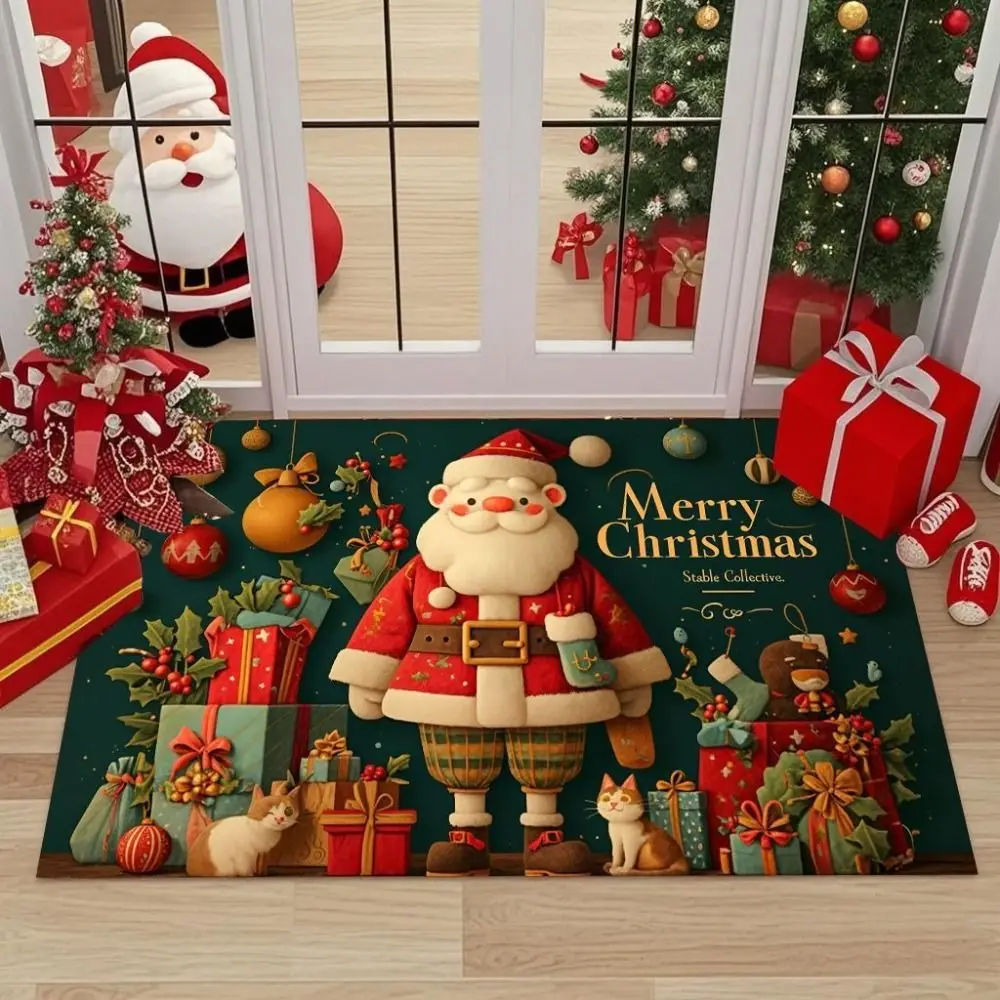 Flannel Christmas Door Mat Non-Slip Backing Machine Washable Festive Entrance Rug Outdoor Use Durable Material