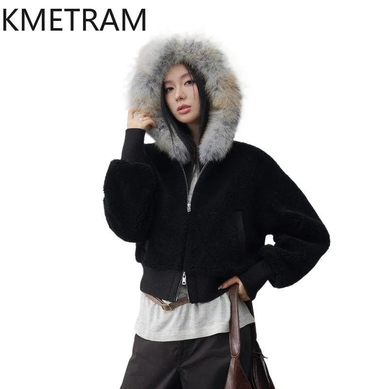 

KMETRAM Natural Merino Sheepskin with Wool Attached Coat Hooded Woman Short Real Fur Jacket with Fox Collar 2025 Winter Clothes