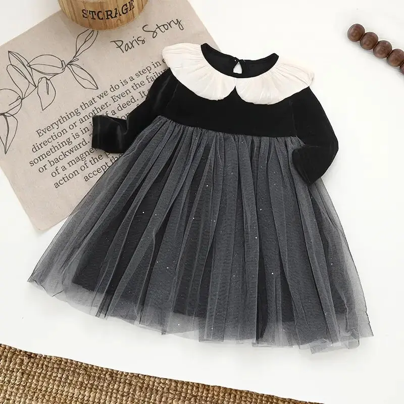 

Girls' Dress Spring and Autumn Long Sleeve Velvet Doll Collar Mesh Fashion Children's High End French Dress