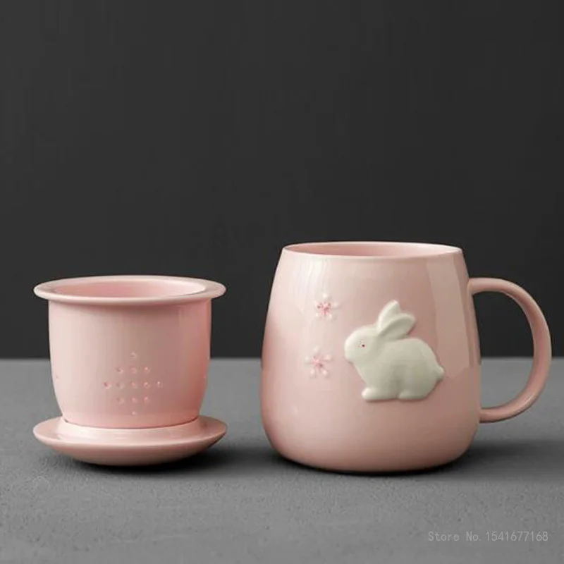 Pink Embossed Rabbit Ceramic Mug with Lid Filter, Office Cup, Household, Study, Living Room Supplies, Tea Water Separation