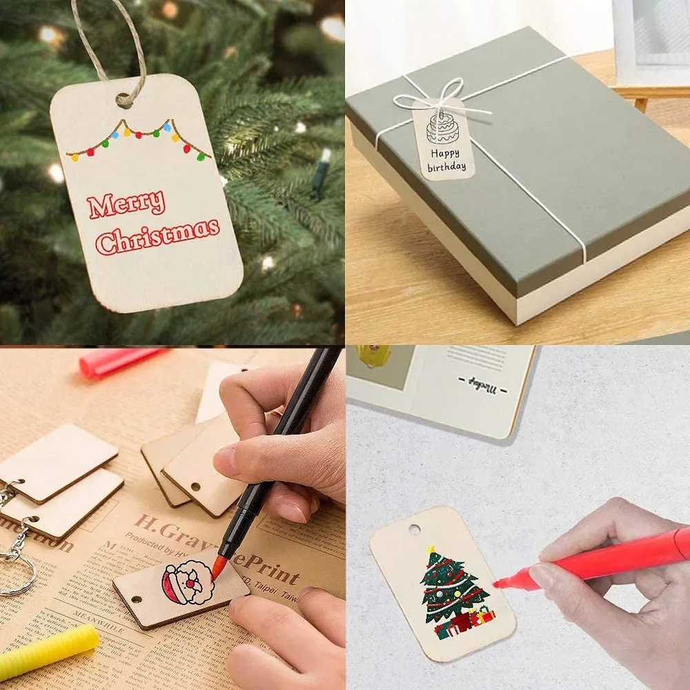 25Pcs/Lot Unfinished Wood Slice Tags Rectangle Wooden Hanging Label With Hemp Rope DIY Craft Hanging Wedding Christmas Decor