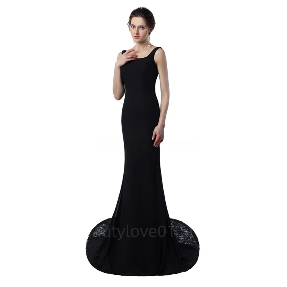 2024 einfache schwarze boden lange Meerjungfrau Satin Party Ballkleid Sweep Zug ärmellose Reiß verschluss Abendkleid Robe Soiree Femmes