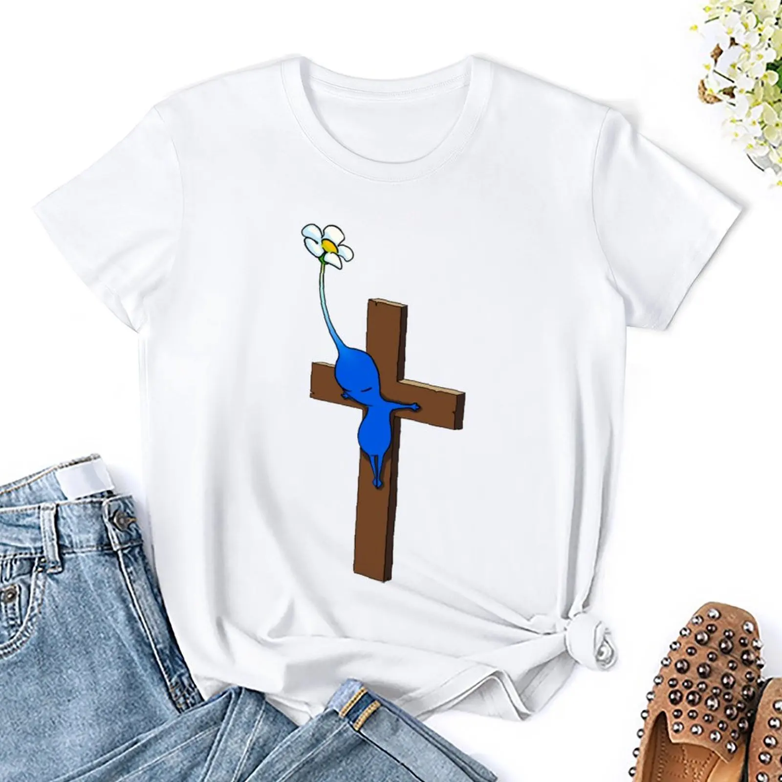 Blue Pikmins Crucifixion T-shirts Unique T-shirt Harajuku Motion  Humor Graphic Travel