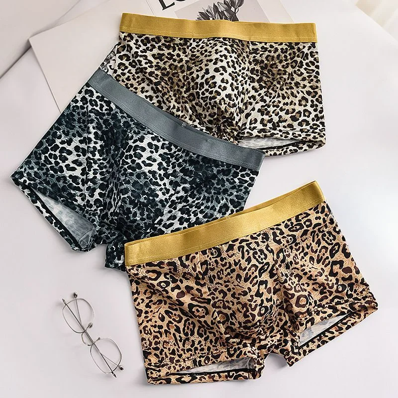 Ice Silk Men's Underwear Four Corners Sexy Leopard Print No Trace Low Waist Shorts Breathable Boys Fashion Personality  Pants