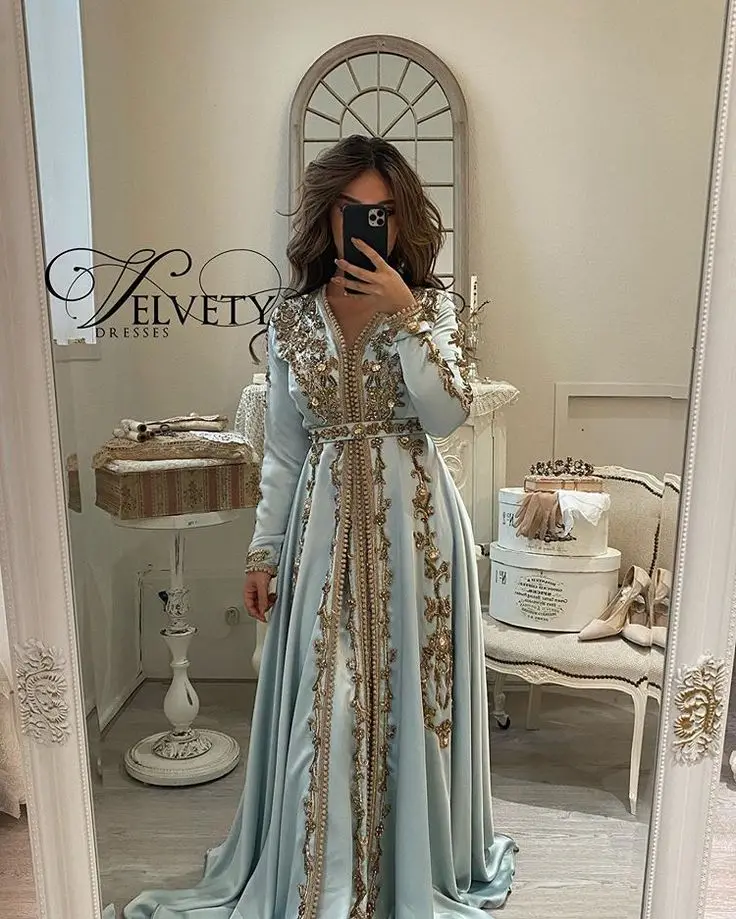 

Blue Moroccan Kaftan Muslim Evening Dresses A-line V-neck Long Sleeves Appliques Beaded Dubai Arabic Turkey Caftan Islamic Gown