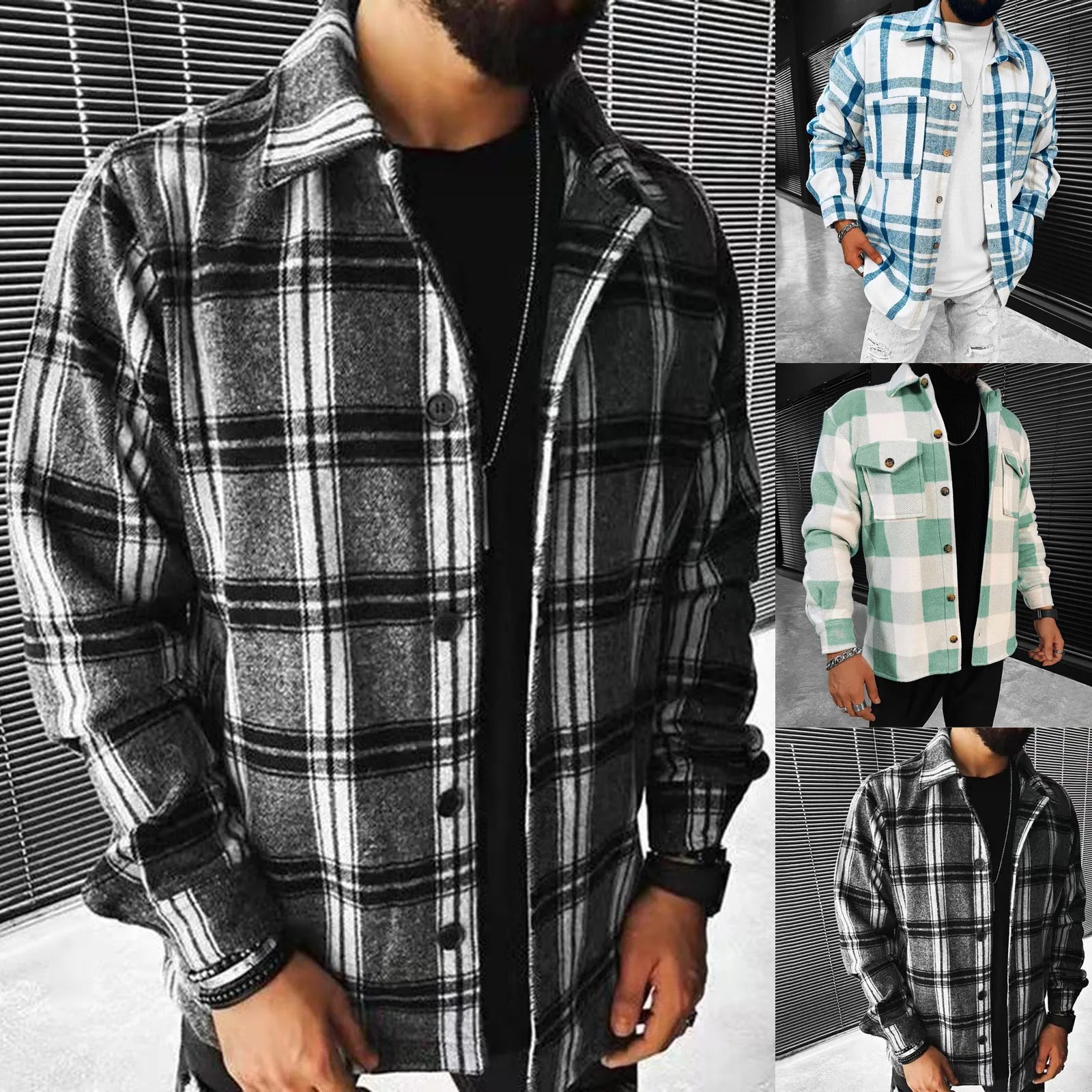 Spring Autumn Hong Kong Style Plaid Shirt Men Long Sleeve Trendy Youthful Cool Patchwork Mixed Fiber Fabric Tops