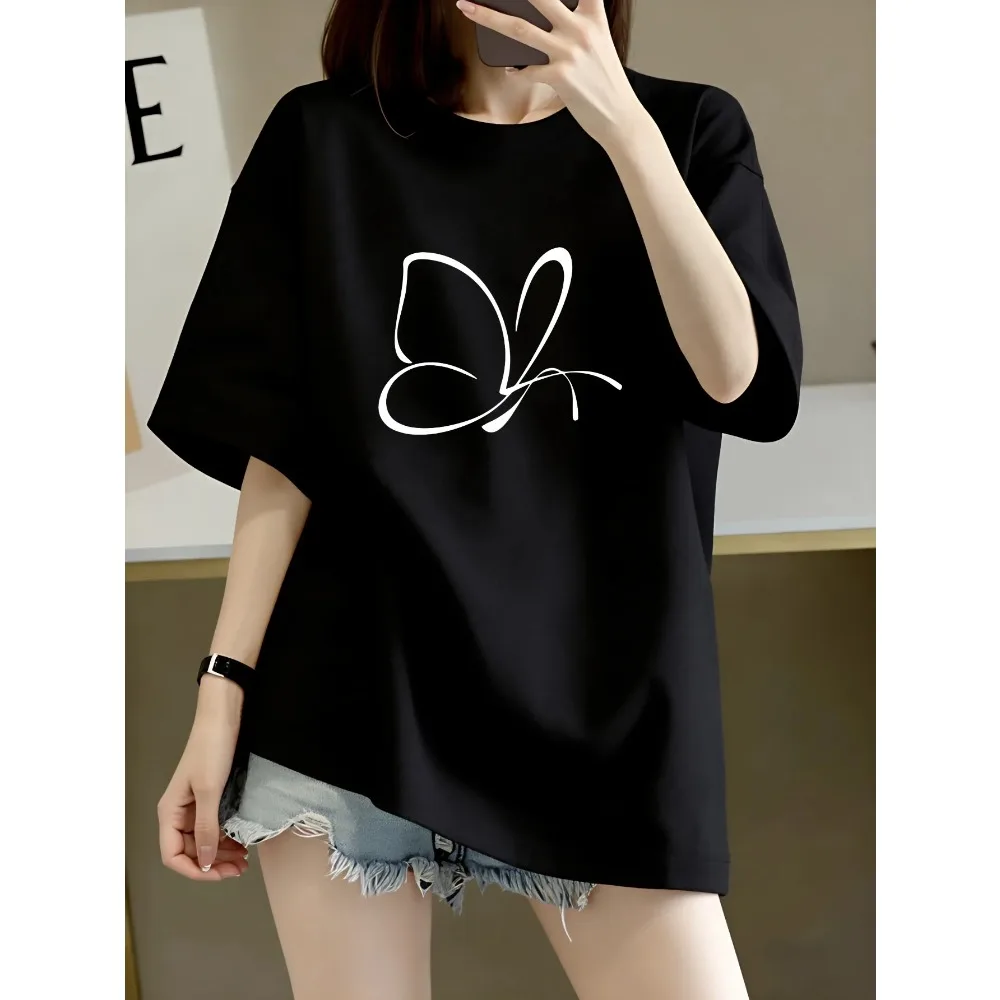 2026 Lady Tops Butterfly Print T-Shirt Women'S Fashion Round Neck Short Sleeve Minimalist Fresh And Stylish Casual Aesthetic