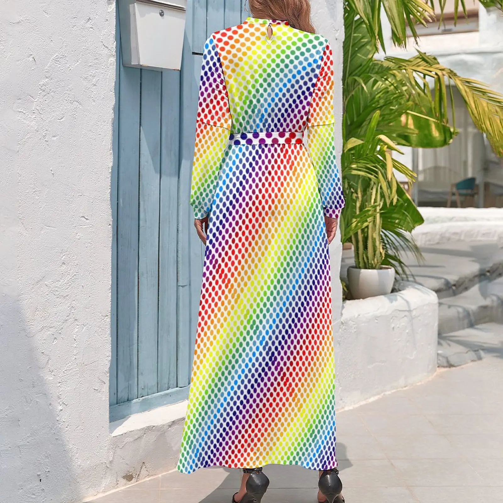 Kleurrijke Polka Dot Jurk Hoge Taille Abstracte Regenboog Grafische Strandjurken Lange Mouw Maxi Jurk Schattige Vestidos