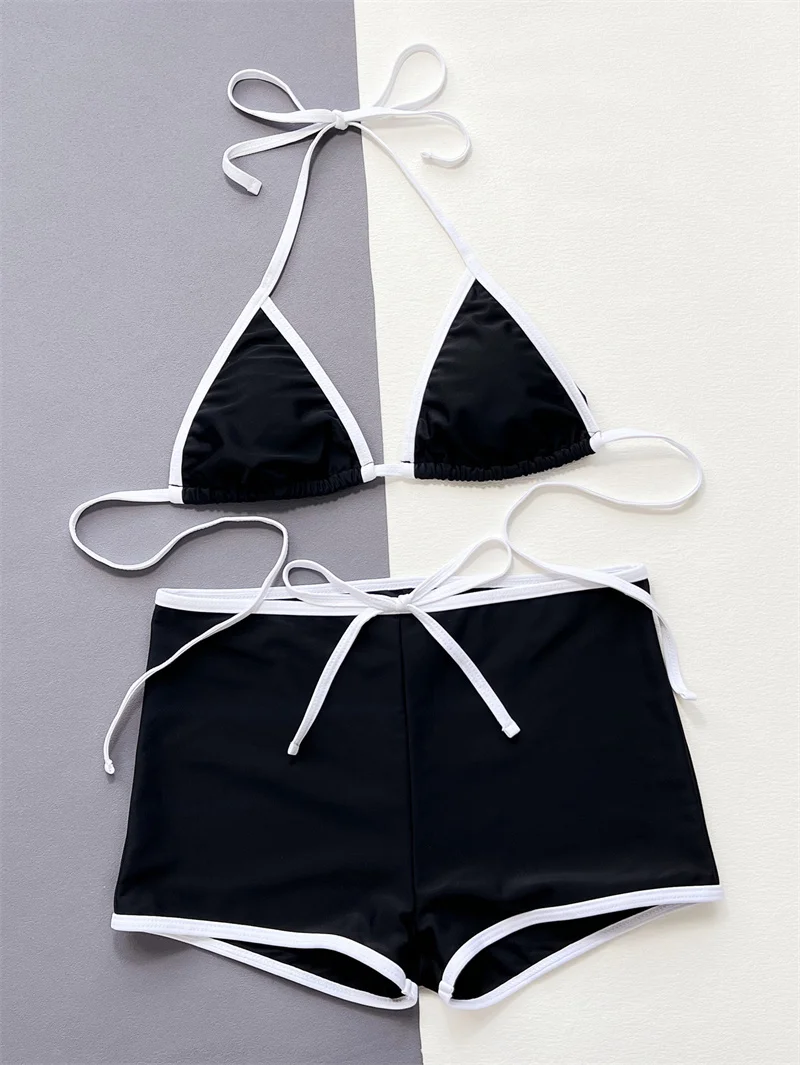 Para praia 2025 alta corte halter bikini conjunto curto tanga alta perna corte feminino maiô feminino banho de duas peças conjunto de biquíni