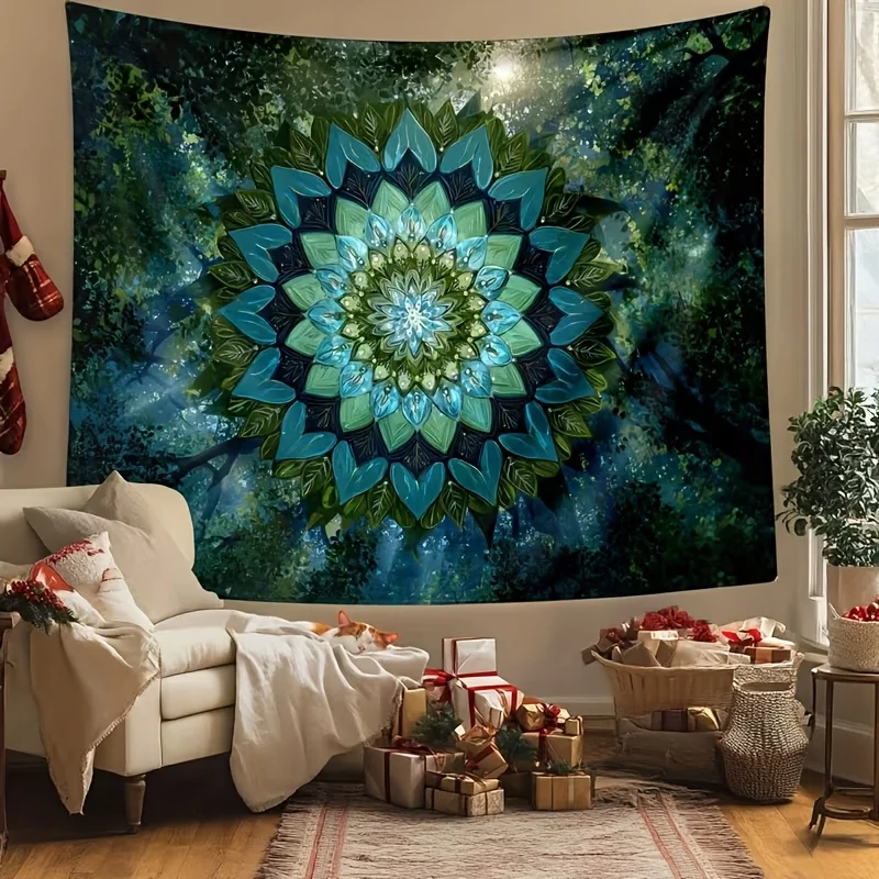 1 Mandala Grande de Tapesterría |   Decoración Estilo Bohemio Azul Marino y Turquesa, Patrón Mandala Exquisito, Tonos Teal Profundo, V
