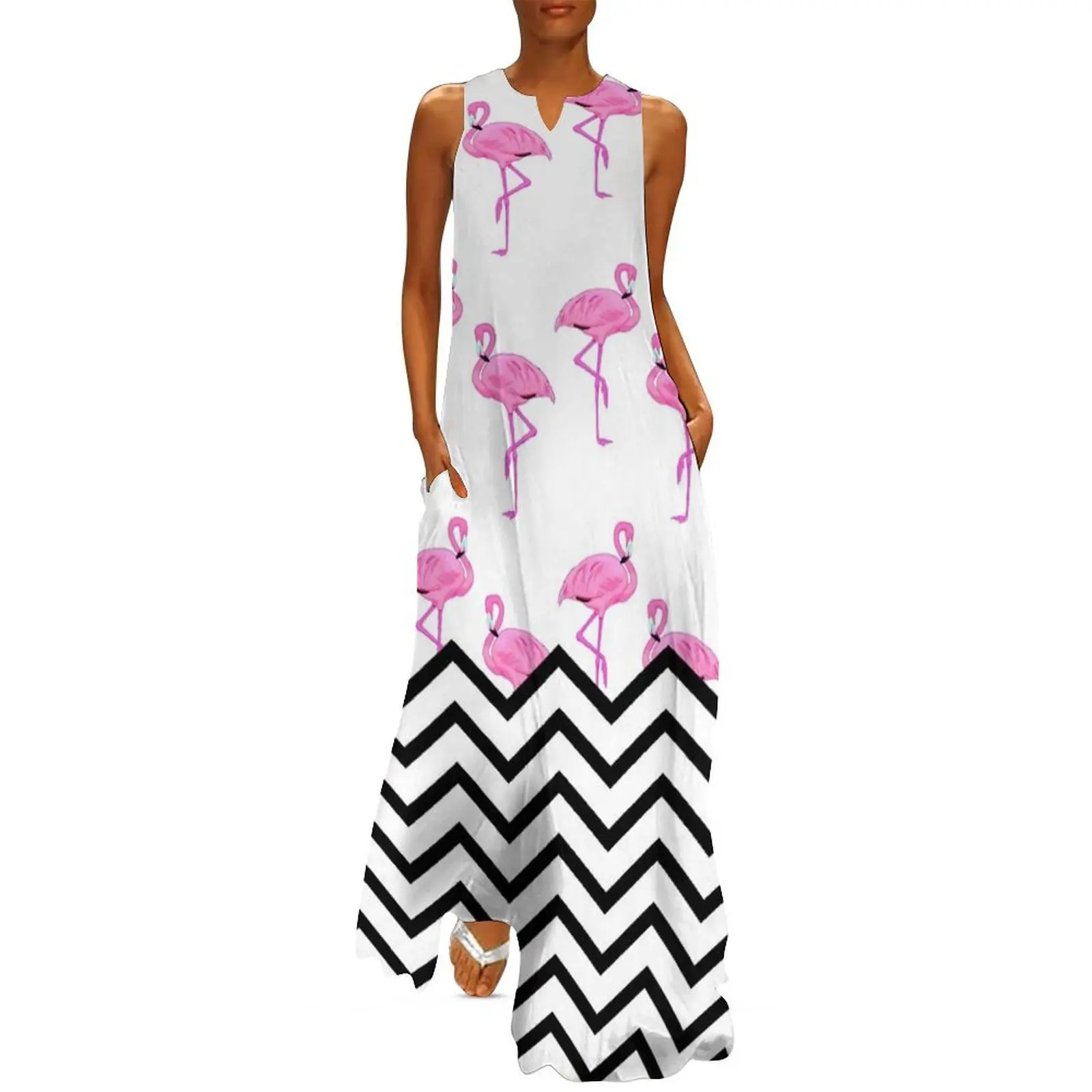 

Pink Flamingos Pattern with Chevron Stripes Long Dress Female dress luxury evening dresses 2025 Dress