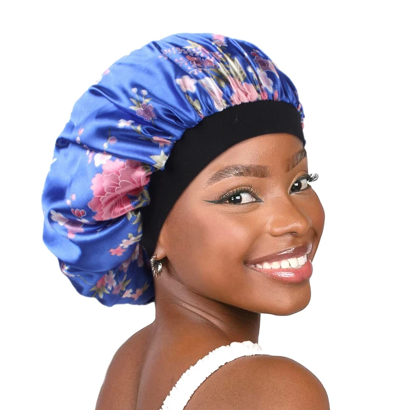 Frauen Satin Motorhaube Elastische Breite Band Blumen Druck Nacht Schlaf Hut Haarausfall Kopf Wrap Chemo Haarpflege Dusche Make-Up Kappe – Detail 4