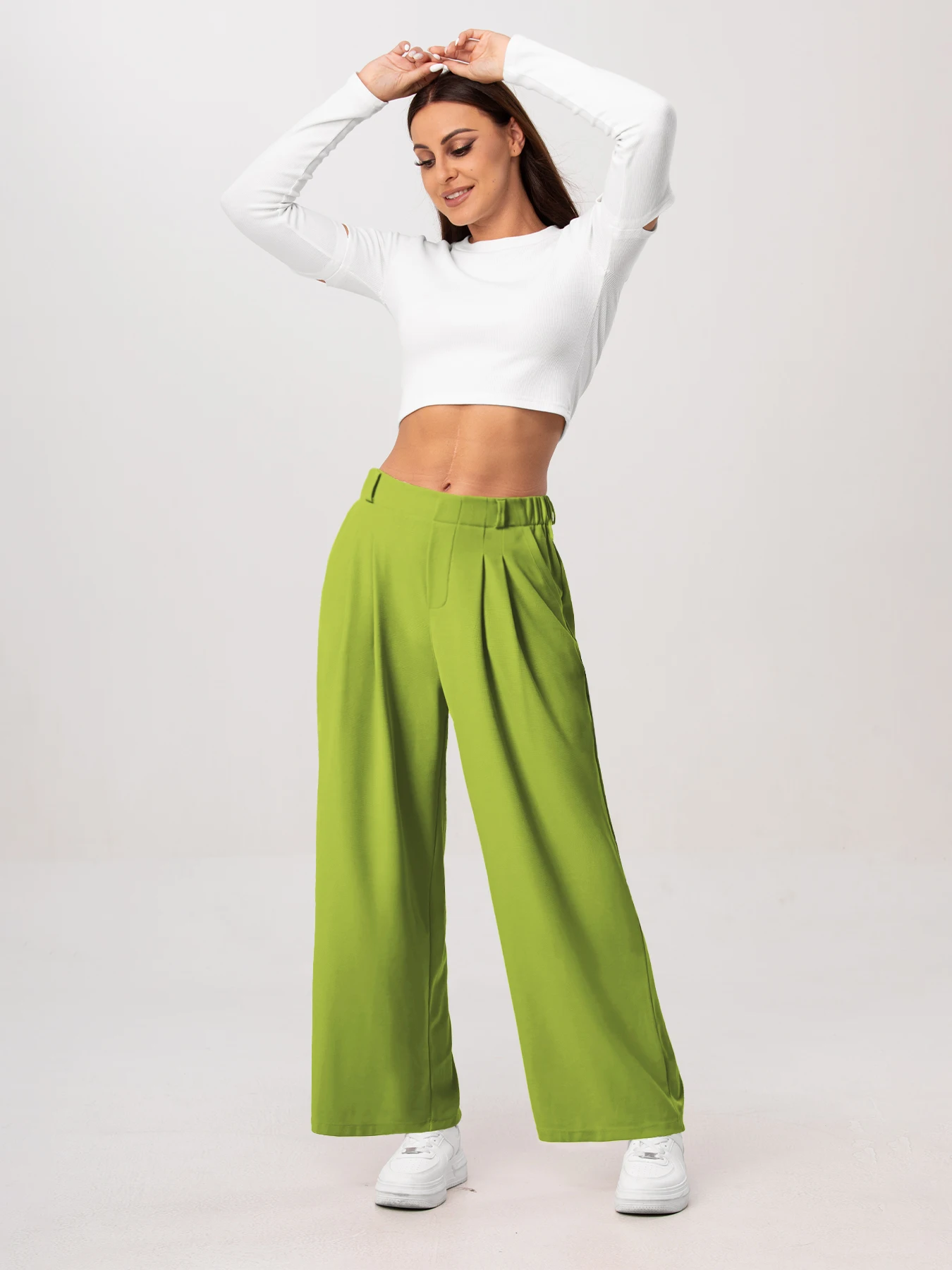 Damenhose, karierte, figurbetonte Hose mit weitem Bein und Taschen, hochtaillierte, lässige, figurbetonte Hose mit weitem Bein für Damen. – Detail 31