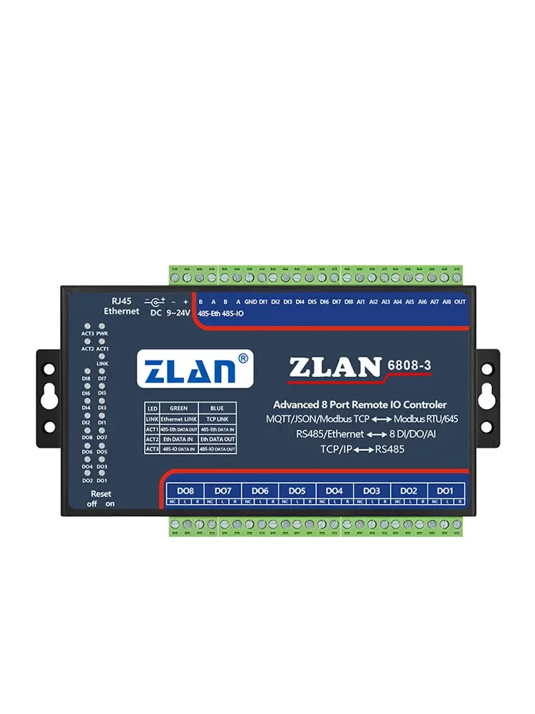 Modbus TCP IO O Módulo Ethernet, 8 Canais, Controlador IO Remoto RJ45, A, Coletor D, ZLAN6808-3, DI DO AI