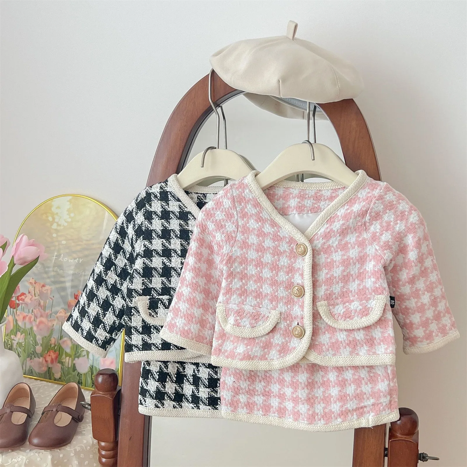 2pcs Toddler Girls Tweed Sets Kids Winter Autumn Long Sleeves Princess Top And Skirt Birthday Designed Uniform Plaid Cloth