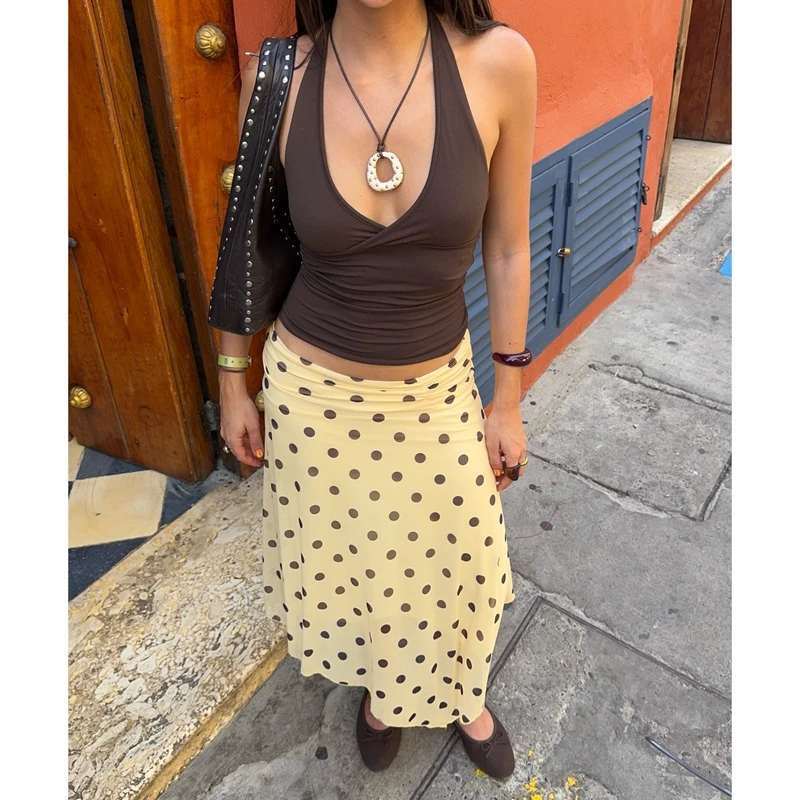 

Women's Summer Midi Skirt A Line Stylish Y2k Vintage Dots Print Asymmetrical Ruffle Hem Side Ruched Mid Waist Skirts