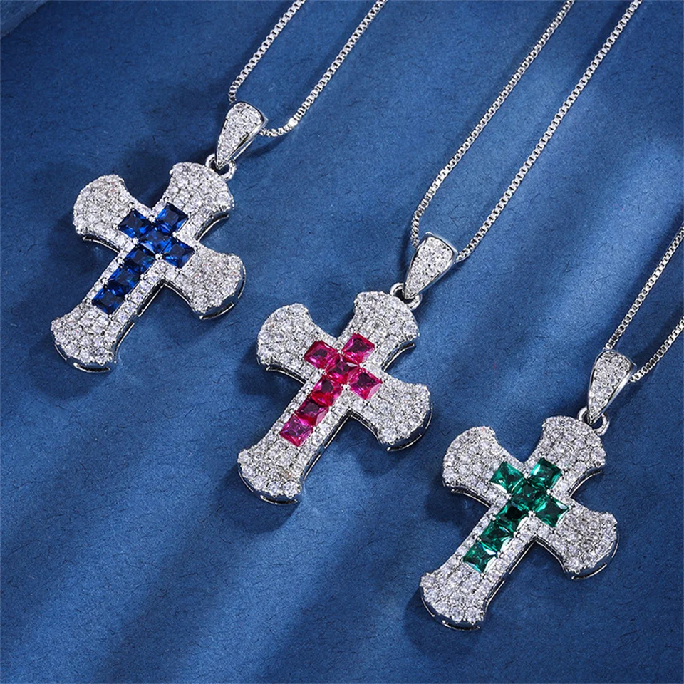 

New Popular Colored Gemstone Cross Temperament Pendant Main Stone 5*5 Fashion Personality Stainless Steel Necklace Jewelry Gifts