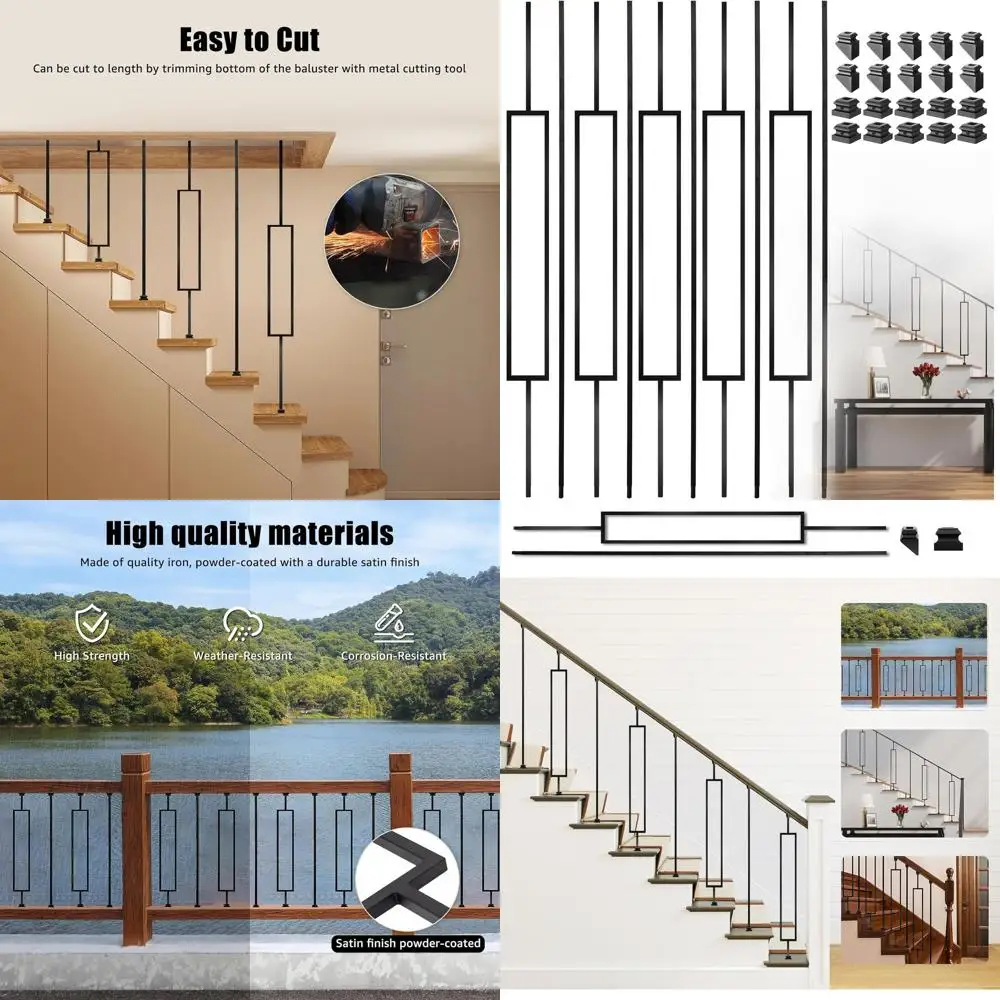 

10-Pack Wrought Iron Balusters, 1/2 Deck Railing Spindles, Staircase Metal Balusters with 20-Pack Iron Shoes (5 Straight + 5 Sin