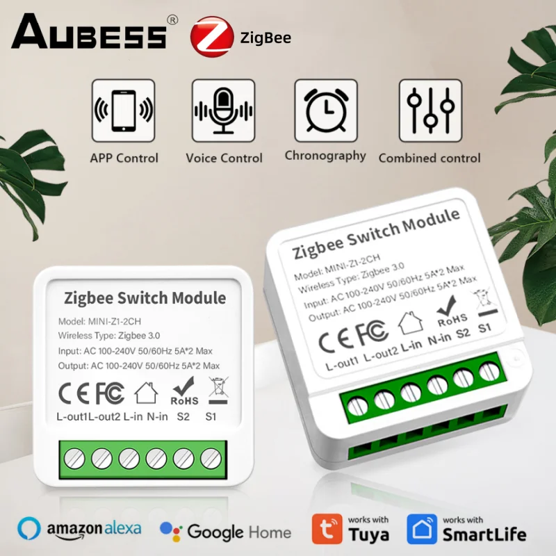 TUYA 2 Gang Zigbee وحدة تبديل ذكية صغيرة سهلة التركيب مفتاح إضاءة للتحكم في اتجاهين التحكم الصوتي يعمل مع Alexa Google