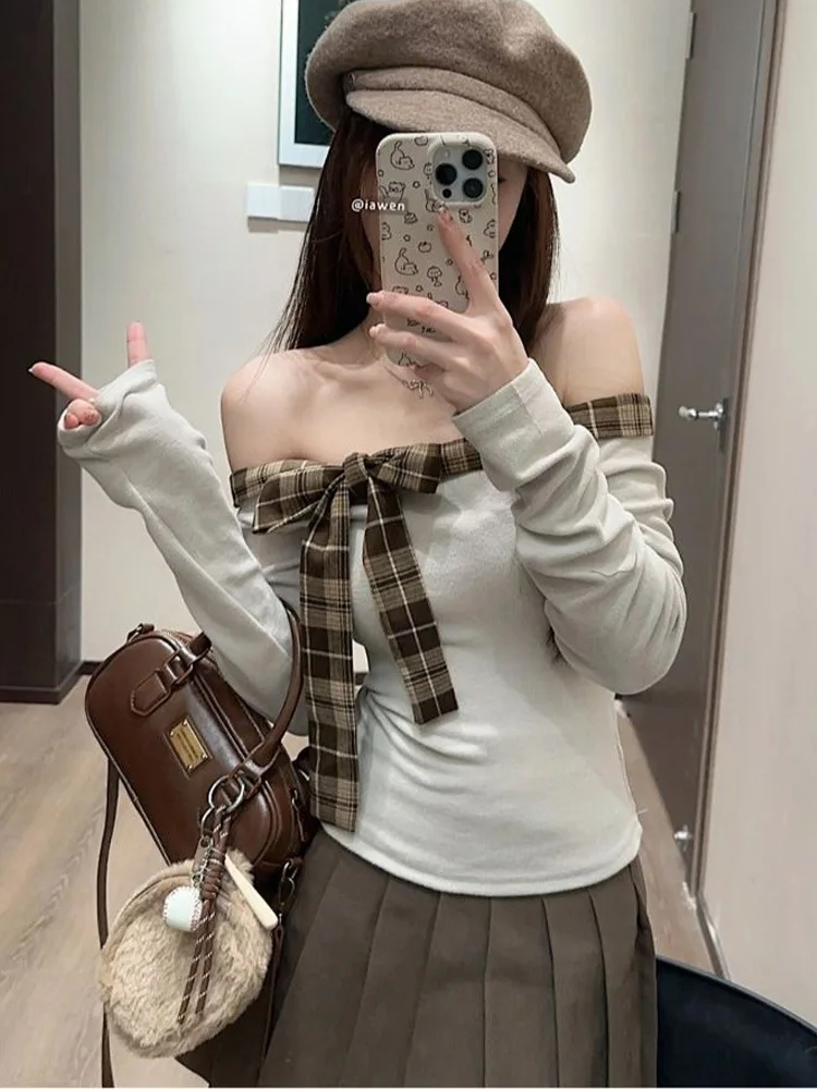 

Женская футболка с длинным рукавом с закругленным узлом-бабочкой, флокированная базовая рубашка, топ на одно плечо, весенний ранний облегающий крой