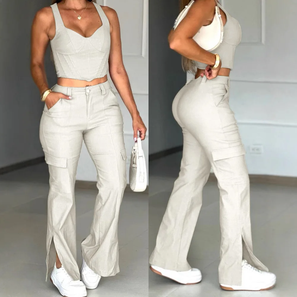 

Women Summer Spring 2 Pieces Spaghetti Strap V-Neck Crop Top and Casual Pocket Design Button Front Slit Cargo Pants Set
