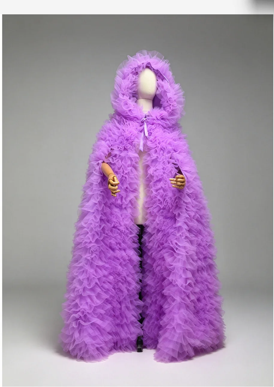 Hooded Ruffled Tulle Long Cloak Fluffy Tiered Tulle Floor Length Cape, Photoshoot Robe for Maternity Wedding Party Stage Costume