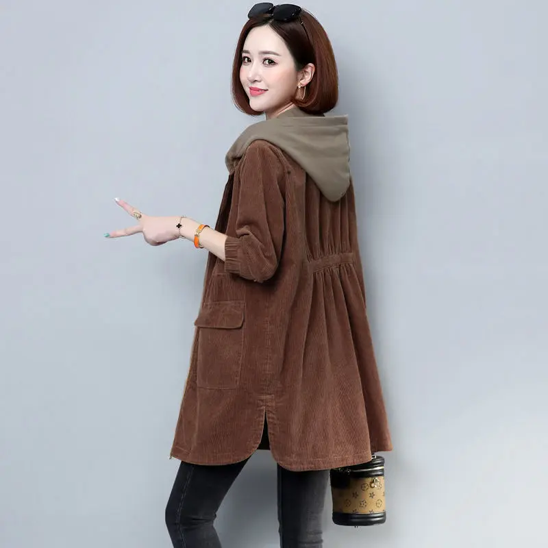 2022 Autumn Winter Women Hooded Trench Fleece Long-sleeved Loose Corduroy Solid Color Vintage Fashion Casual Women Long Warm