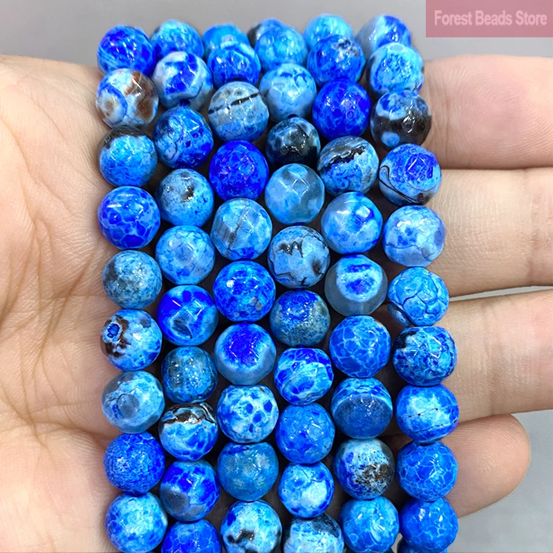 6/8mm Natural Faceted Frost Dark Blue Dream Fire Dragon Veins Agates Round Beads for Diy Bracelet Jewelry Making 15'' Strand