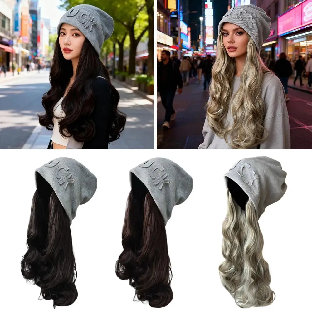 

Модная шапка-бини с длинными волнистыми волосами и париком, теплый парик с прикрепленным париком, вязаная шапка, повседневный парик для волос, зимние шапки для женщин