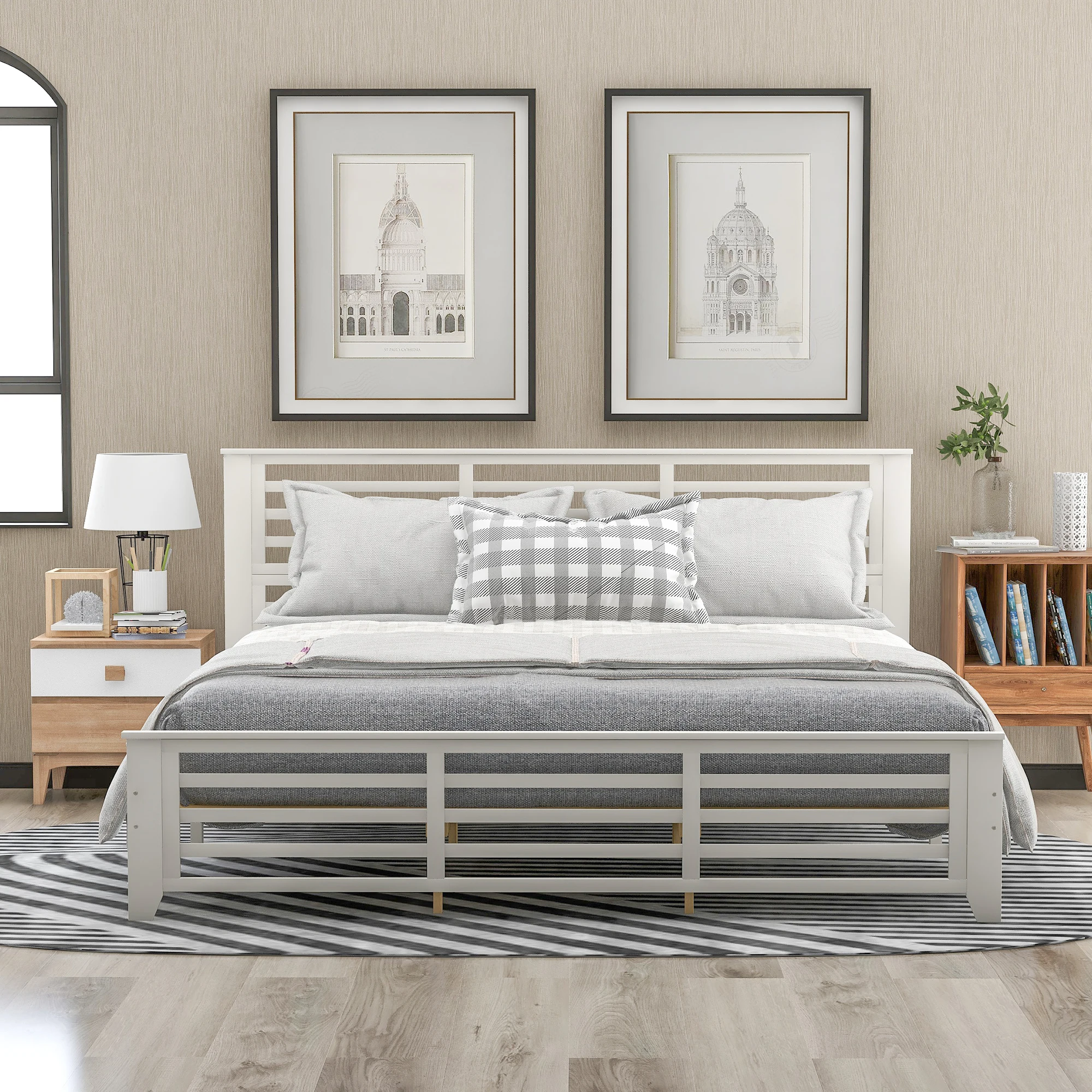 Platform Bed with Horizontal Strip Hollow Shape, King Size Bedroom Furniture