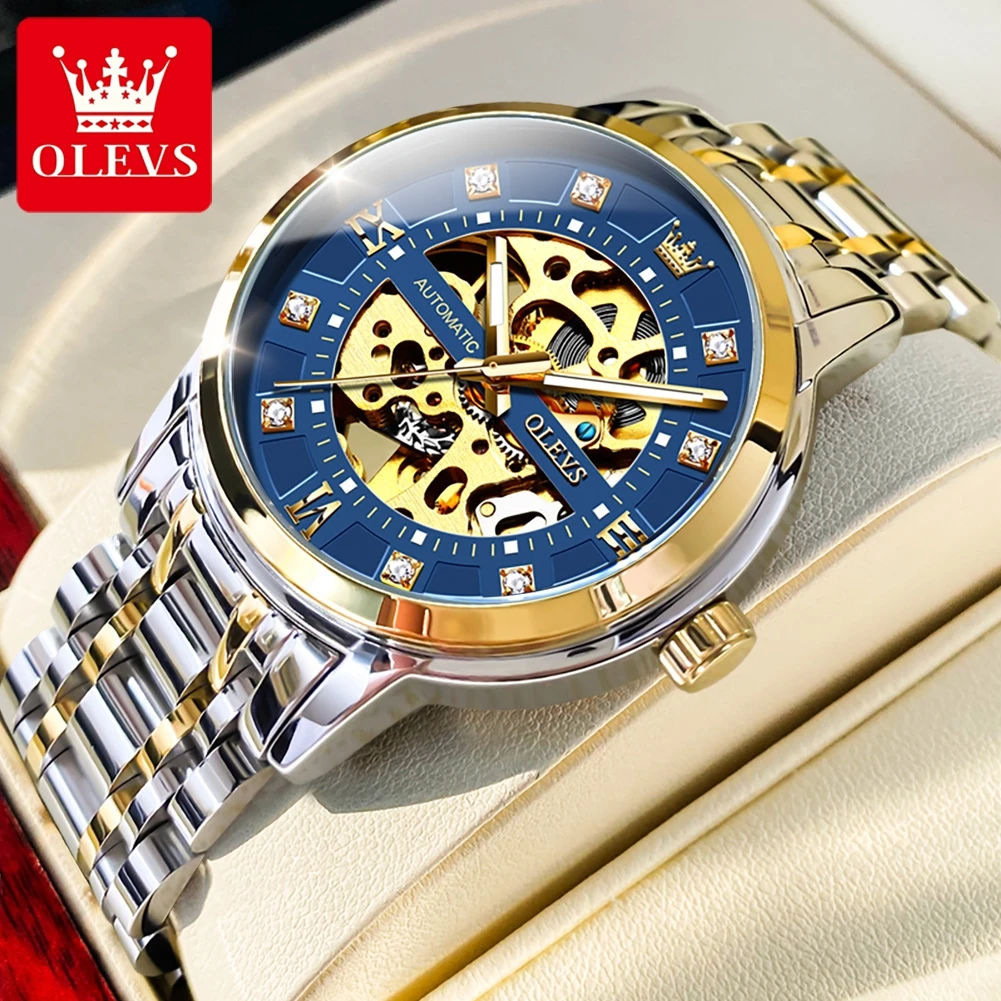 

OLEVS 9901 Automatic Men's Watches Business Skeleton Luxury Diamond Dial Gold Wristwatch Mechanical Watch for Man Original New