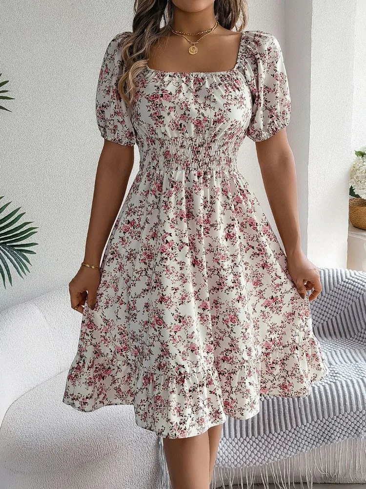 

Spring and summer floral square collar short sleeved waist cinched pullover ruffle A-line skirt casual mid length skirt