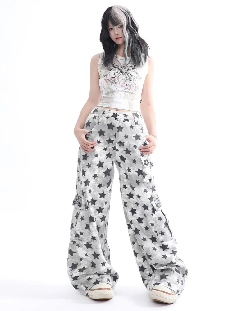 ADAgirl Y2K Vintage Star Print Cargo Pants Women Wide Leg Trousers Oversize Streetwear American Retro Jeans Casual Fashion Pants
